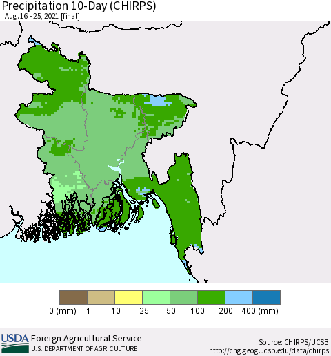 Bangladesh Precipitation 10-Day (CHIRPS) Thematic Map For 8/16/2021 - 8/25/2021