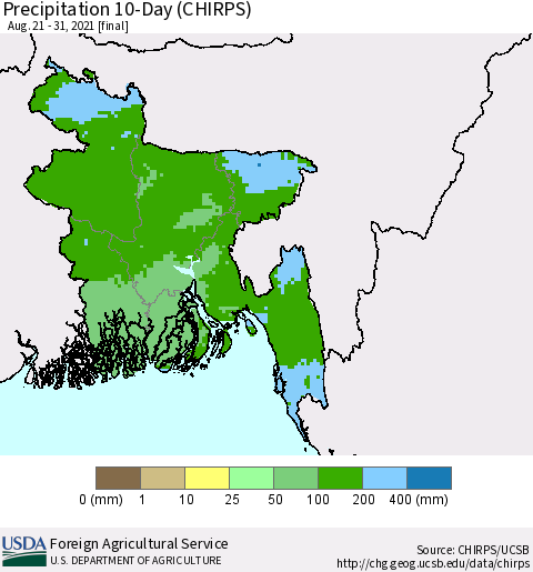 Bangladesh Precipitation 10-Day (CHIRPS) Thematic Map For 8/21/2021 - 8/31/2021