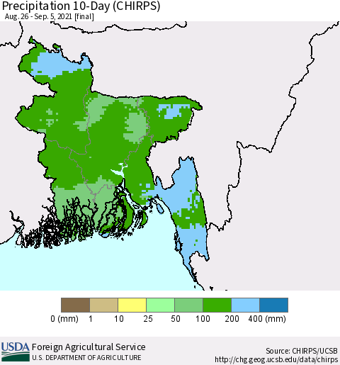 Bangladesh Precipitation 10-Day (CHIRPS) Thematic Map For 8/26/2021 - 9/5/2021