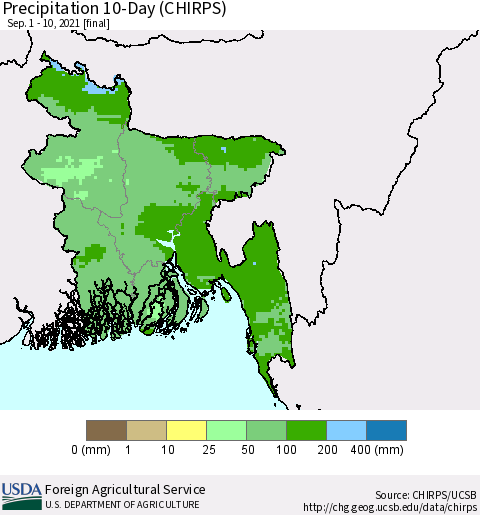 Bangladesh Precipitation 10-Day (CHIRPS) Thematic Map For 9/1/2021 - 9/10/2021
