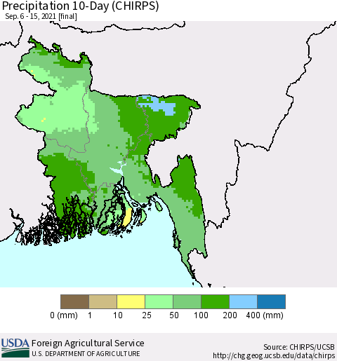 Bangladesh Precipitation 10-Day (CHIRPS) Thematic Map For 9/6/2021 - 9/15/2021