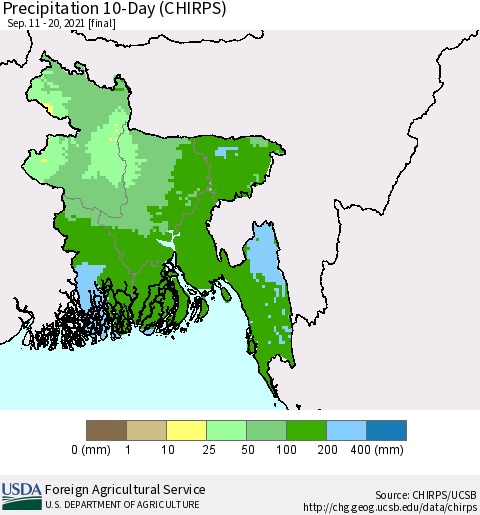 Bangladesh Precipitation 10-Day (CHIRPS) Thematic Map For 9/11/2021 - 9/20/2021
