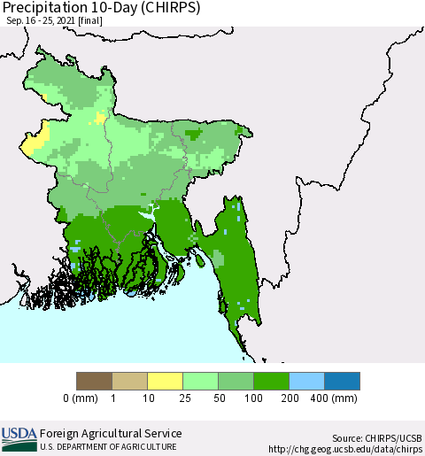 Bangladesh Precipitation 10-Day (CHIRPS) Thematic Map For 9/16/2021 - 9/25/2021
