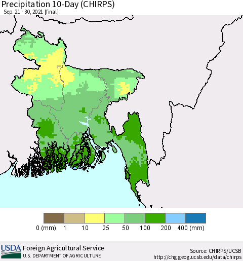 Bangladesh Precipitation 10-Day (CHIRPS) Thematic Map For 9/21/2021 - 9/30/2021