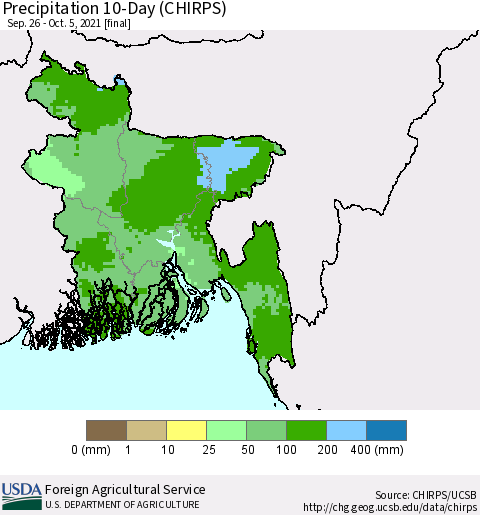 Bangladesh Precipitation 10-Day (CHIRPS) Thematic Map For 9/26/2021 - 10/5/2021