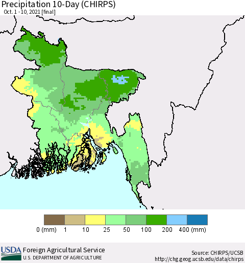 Bangladesh Precipitation 10-Day (CHIRPS) Thematic Map For 10/1/2021 - 10/10/2021
