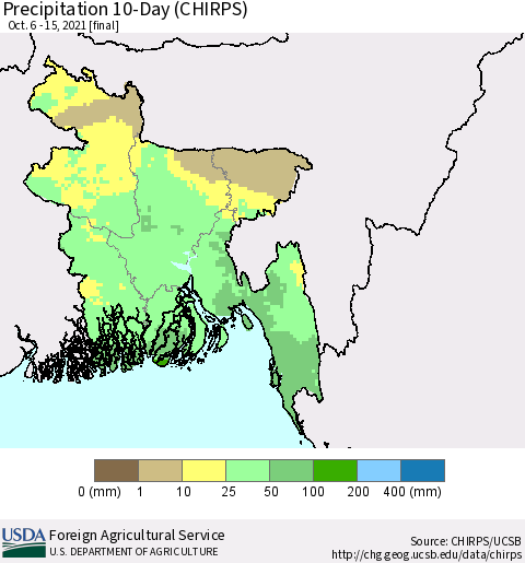 Bangladesh Precipitation 10-Day (CHIRPS) Thematic Map For 10/6/2021 - 10/15/2021