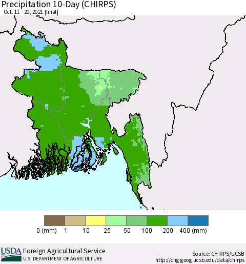 Bangladesh Precipitation 10-Day (CHIRPS) Thematic Map For 10/11/2021 - 10/20/2021
