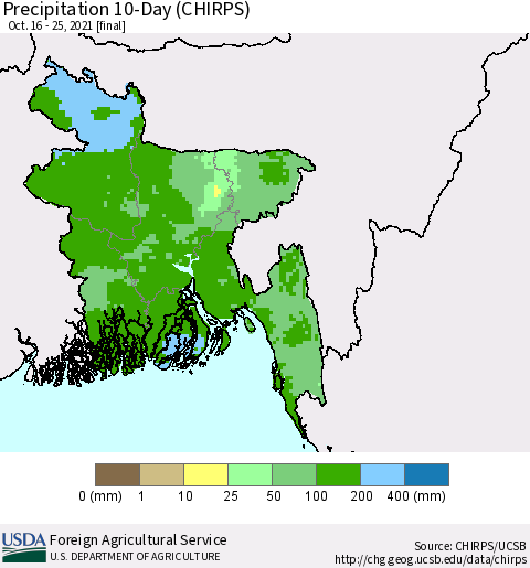 Bangladesh Precipitation 10-Day (CHIRPS) Thematic Map For 10/16/2021 - 10/25/2021
