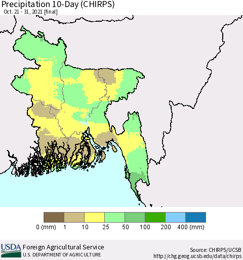 Bangladesh Precipitation 10-Day (CHIRPS) Thematic Map For 10/21/2021 - 10/31/2021