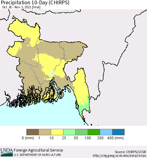 Bangladesh Precipitation 10-Day (CHIRPS) Thematic Map For 10/26/2021 - 11/5/2021