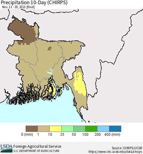 Bangladesh Precipitation 10-Day (CHIRPS) Thematic Map For 11/11/2021 - 11/20/2021