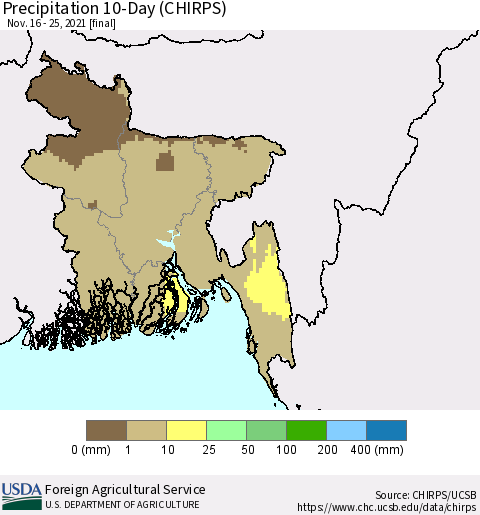 Bangladesh Precipitation 10-Day (CHIRPS) Thematic Map For 11/16/2021 - 11/25/2021