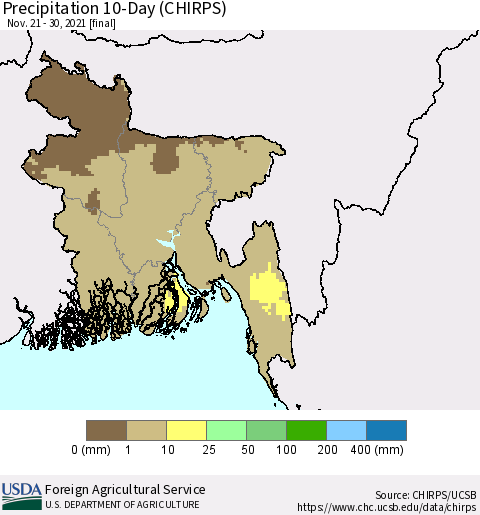 Bangladesh Precipitation 10-Day (CHIRPS) Thematic Map For 11/21/2021 - 11/30/2021