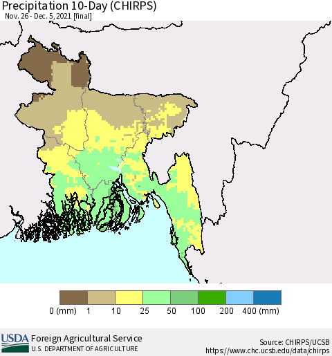 Bangladesh Precipitation 10-Day (CHIRPS) Thematic Map For 11/26/2021 - 12/5/2021