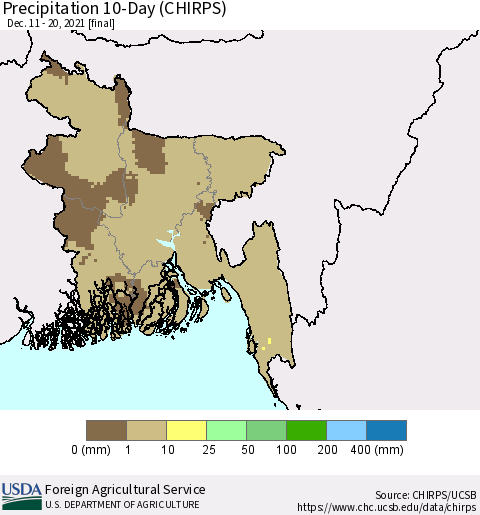 Bangladesh Precipitation 10-Day (CHIRPS) Thematic Map For 12/11/2021 - 12/20/2021