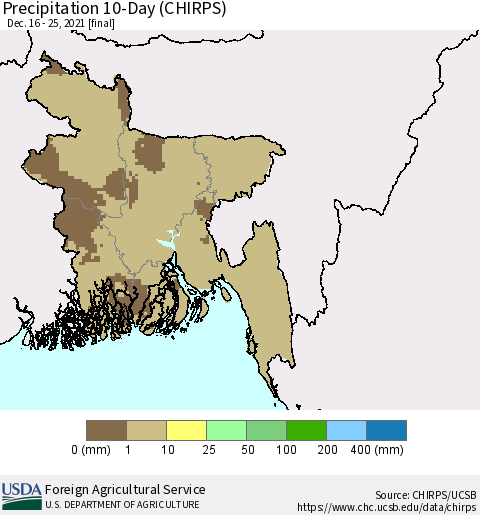 Bangladesh Precipitation 10-Day (CHIRPS) Thematic Map For 12/16/2021 - 12/25/2021