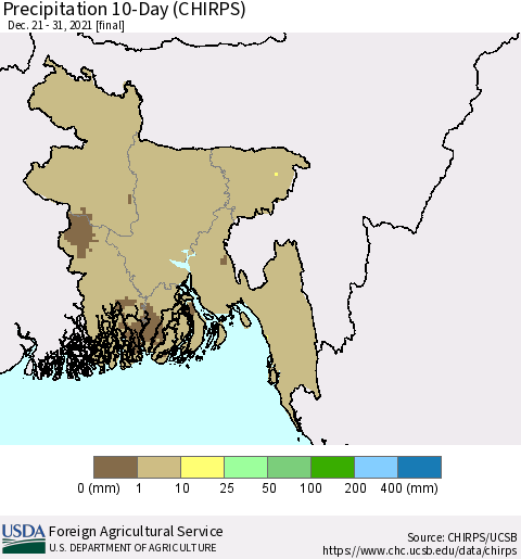 Bangladesh Precipitation 10-Day (CHIRPS) Thematic Map For 12/21/2021 - 12/31/2021