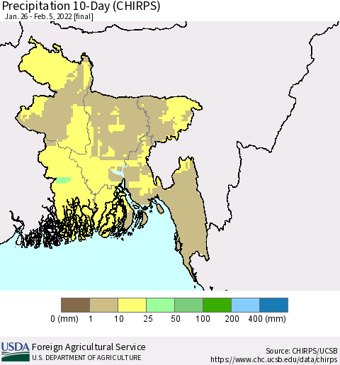 Bangladesh Precipitation 10-Day (CHIRPS) Thematic Map For 1/26/2022 - 2/5/2022