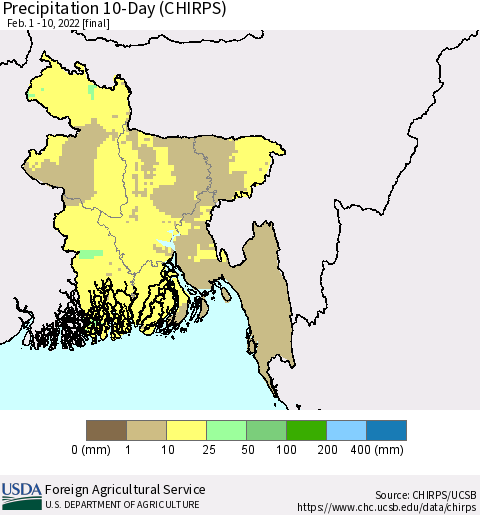 Bangladesh Precipitation 10-Day (CHIRPS) Thematic Map For 2/1/2022 - 2/10/2022