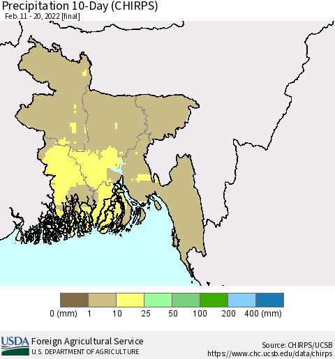 Bangladesh Precipitation 10-Day (CHIRPS) Thematic Map For 2/11/2022 - 2/20/2022