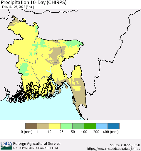 Bangladesh Precipitation 10-Day (CHIRPS) Thematic Map For 2/16/2022 - 2/25/2022