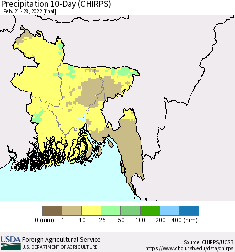 Bangladesh Precipitation 10-Day (CHIRPS) Thematic Map For 2/21/2022 - 2/28/2022