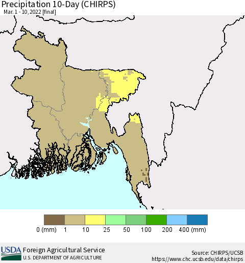 Bangladesh Precipitation 10-Day (CHIRPS) Thematic Map For 3/1/2022 - 3/10/2022