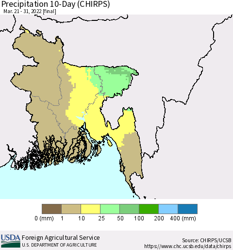 Bangladesh Precipitation 10-Day (CHIRPS) Thematic Map For 3/21/2022 - 3/31/2022