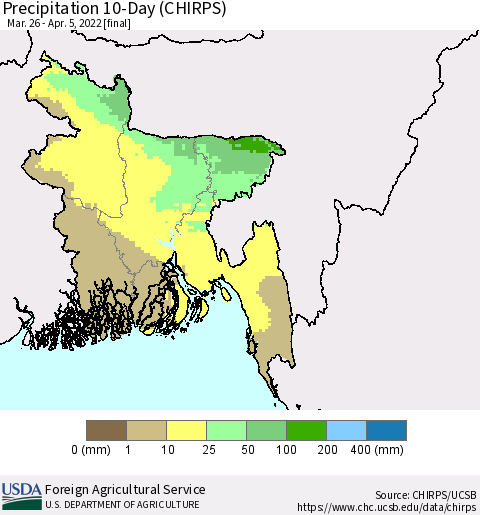 Bangladesh Precipitation 10-Day (CHIRPS) Thematic Map For 3/26/2022 - 4/5/2022