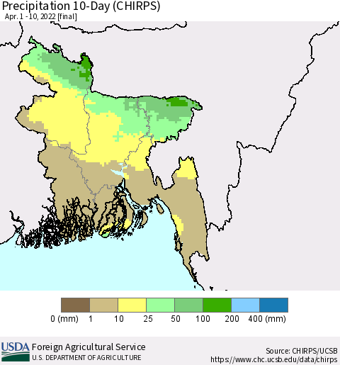 Bangladesh Precipitation 10-Day (CHIRPS) Thematic Map For 4/1/2022 - 4/10/2022