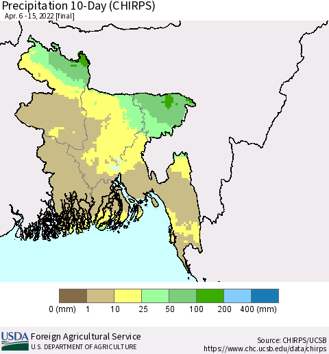 Bangladesh Precipitation 10-Day (CHIRPS) Thematic Map For 4/6/2022 - 4/15/2022