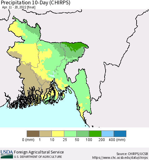 Bangladesh Precipitation 10-Day (CHIRPS) Thematic Map For 4/11/2022 - 4/20/2022