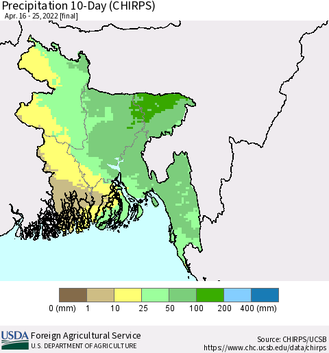 Bangladesh Precipitation 10-Day (CHIRPS) Thematic Map For 4/16/2022 - 4/25/2022