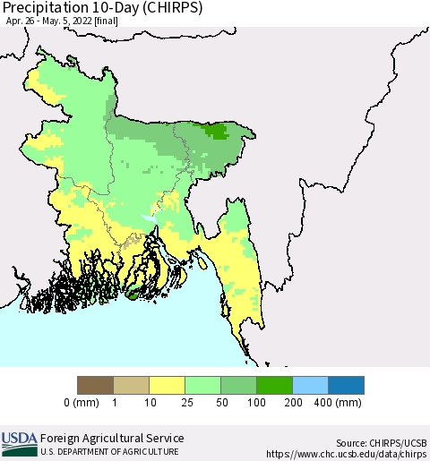 Bangladesh Precipitation 10-Day (CHIRPS) Thematic Map For 4/26/2022 - 5/5/2022