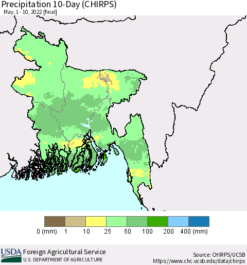 Bangladesh Precipitation 10-Day (CHIRPS) Thematic Map For 5/1/2022 - 5/10/2022