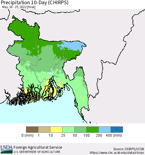 Bangladesh Precipitation 10-Day (CHIRPS) Thematic Map For 5/16/2022 - 5/25/2022