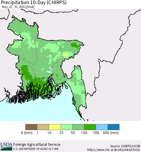 Bangladesh Precipitation 10-Day (CHIRPS) Thematic Map For 5/21/2022 - 5/31/2022