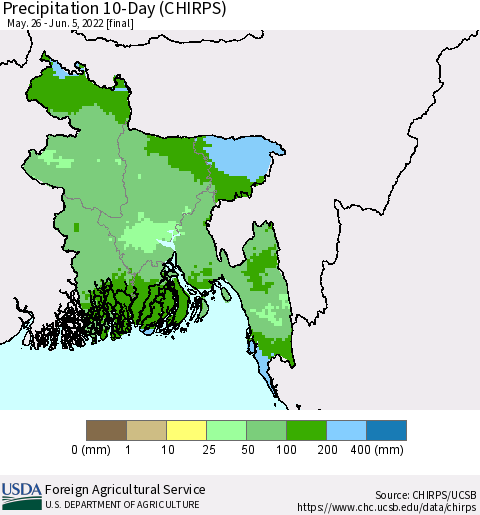 Bangladesh Precipitation 10-Day (CHIRPS) Thematic Map For 5/26/2022 - 6/5/2022