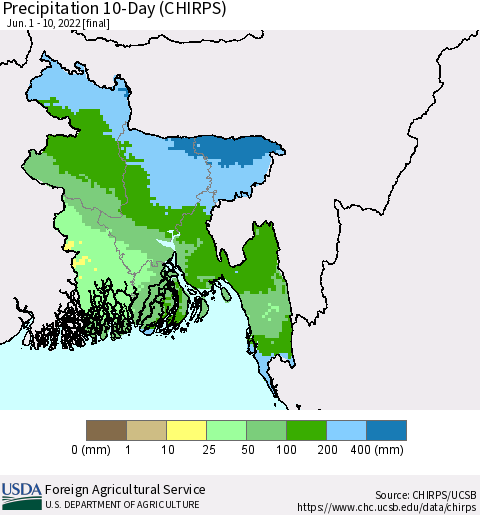 Bangladesh Precipitation 10-Day (CHIRPS) Thematic Map For 6/1/2022 - 6/10/2022