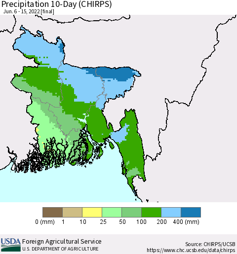 Bangladesh Precipitation 10-Day (CHIRPS) Thematic Map For 6/6/2022 - 6/15/2022