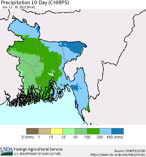 Bangladesh Precipitation 10-Day (CHIRPS) Thematic Map For 6/11/2022 - 6/20/2022