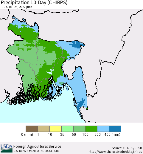 Bangladesh Precipitation 10-Day (CHIRPS) Thematic Map For 6/16/2022 - 6/25/2022