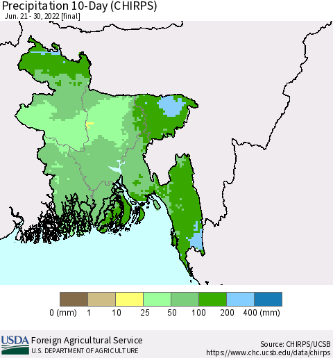 Bangladesh Precipitation 10-Day (CHIRPS) Thematic Map For 6/21/2022 - 6/30/2022