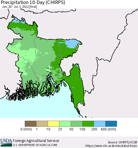 Bangladesh Precipitation 10-Day (CHIRPS) Thematic Map For 6/26/2022 - 7/5/2022