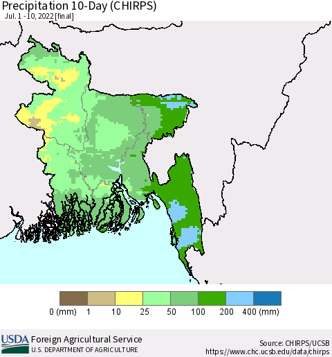 Bangladesh Precipitation 10-Day (CHIRPS) Thematic Map For 7/1/2022 - 7/10/2022