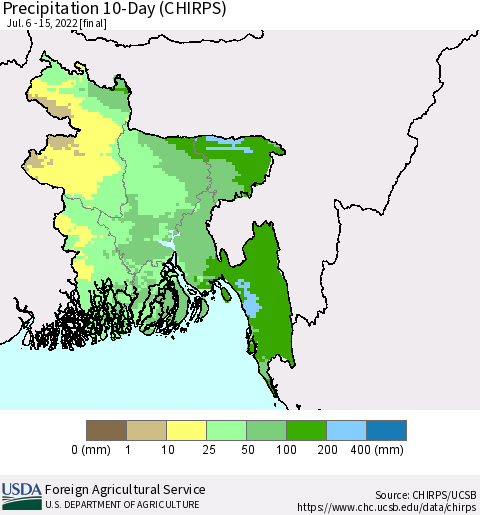 Bangladesh Precipitation 10-Day (CHIRPS) Thematic Map For 7/6/2022 - 7/15/2022