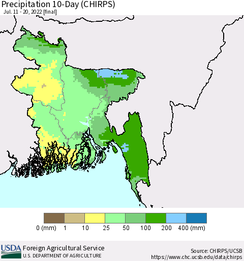 Bangladesh Precipitation 10-Day (CHIRPS) Thematic Map For 7/11/2022 - 7/20/2022
