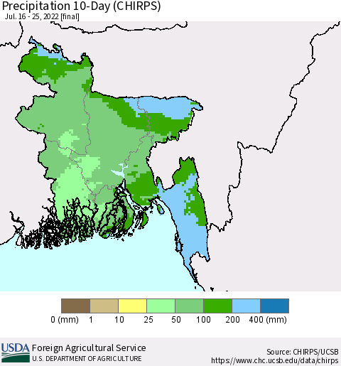 Bangladesh Precipitation 10-Day (CHIRPS) Thematic Map For 7/16/2022 - 7/25/2022