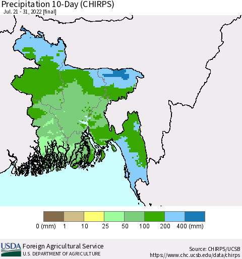 Bangladesh Precipitation 10-Day (CHIRPS) Thematic Map For 7/21/2022 - 7/31/2022